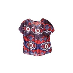 Next UK Orange Red & Navy Blue Boho Short Sleeve V-Neck Top UK 8 US Size 6